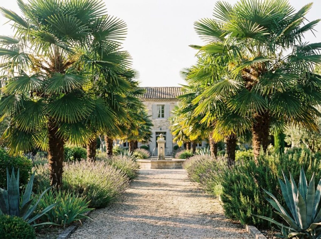 Allée de palmiers Trachycarpus fortunei aux grandes palmes vertes dans un jardin français ensoleillé