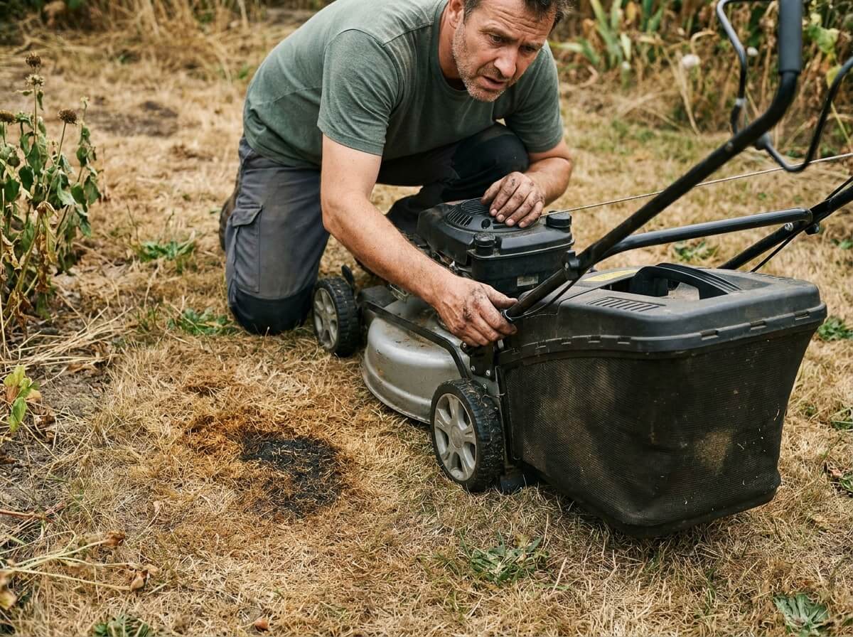 Jardinier réglant la hauteur de coupe d'une tondeuse à gazon en été