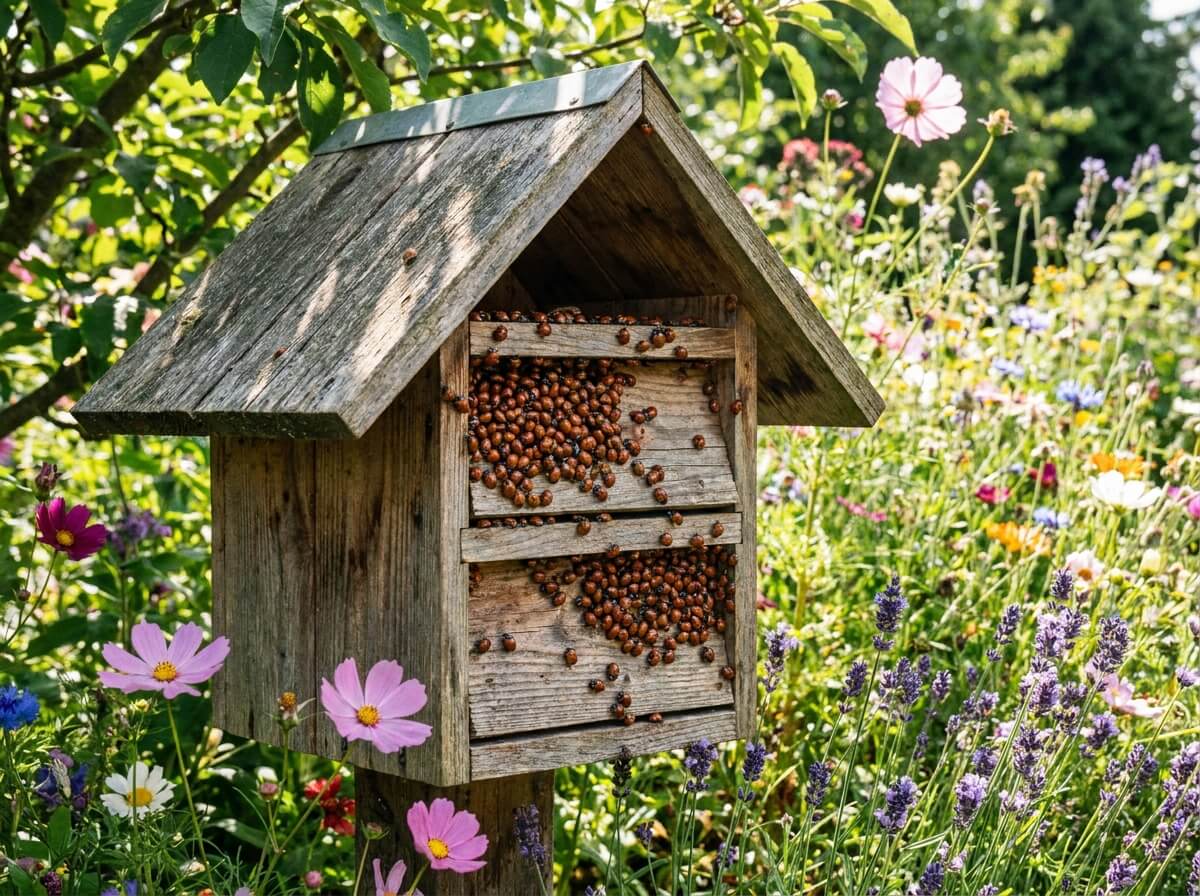 Grappes de coccinelles nichées dans un abri en bois naturel installé dans un jardin fleuri