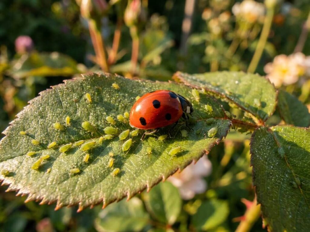 Coccinelle à sept points posée sur une feuille de rosier couverte de pucerons verts au soleil d'été