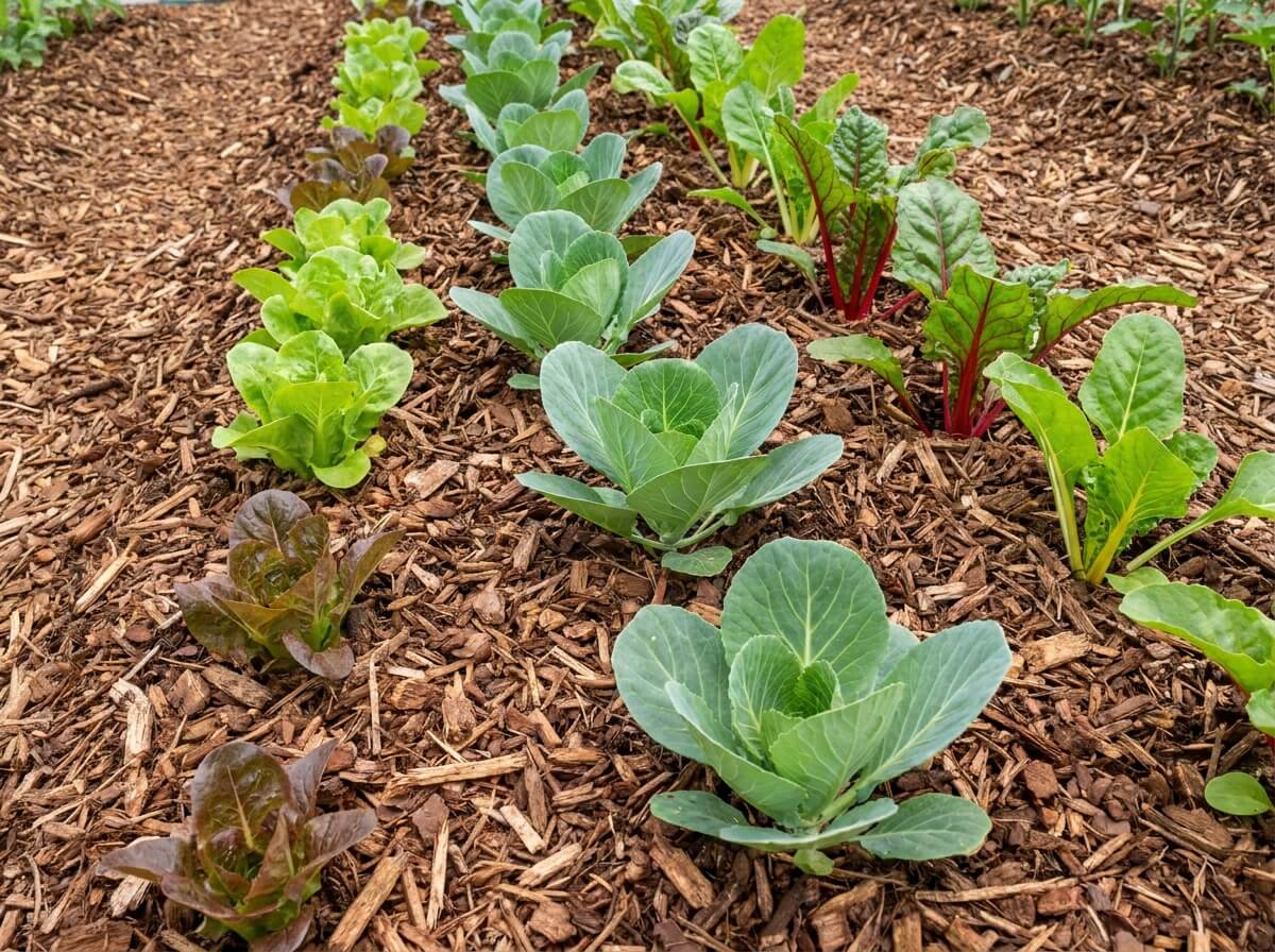 Rangée de jeunes légumes du potager protégés par un paillage de copeaux de bois brun