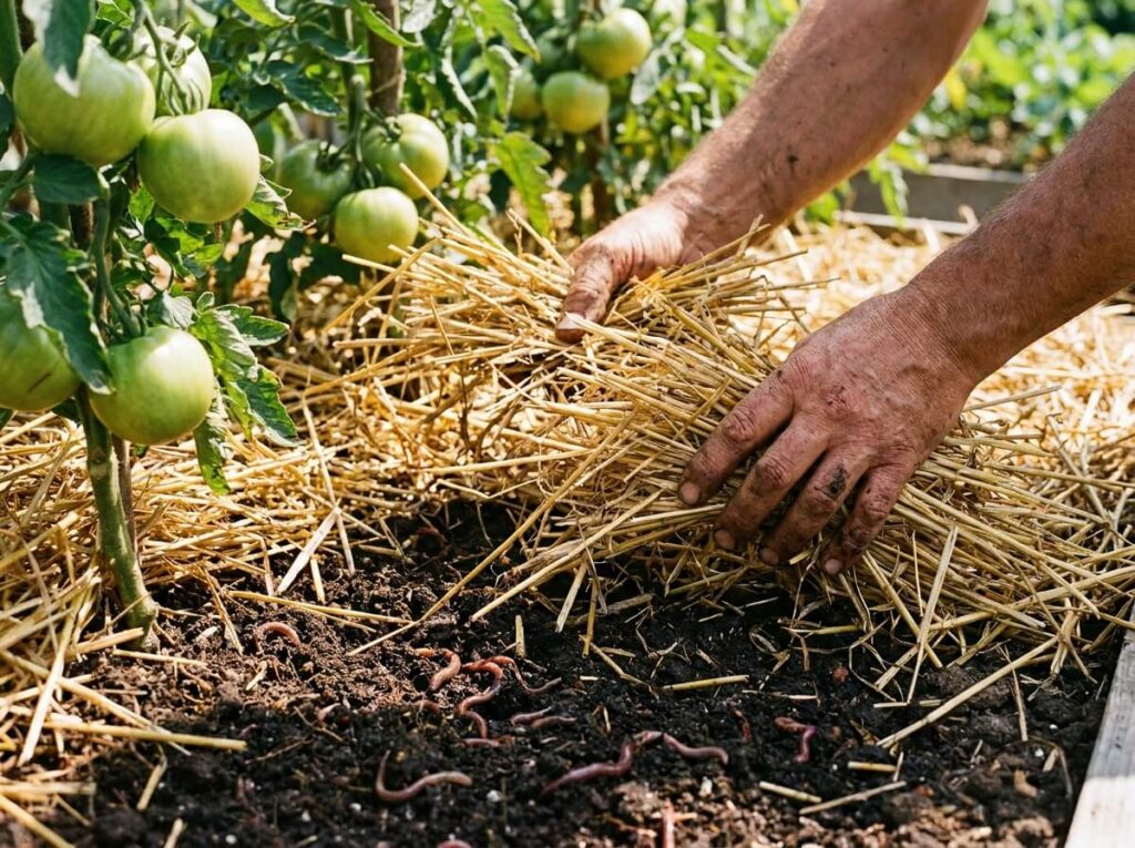 Mains de jardinier disposant une épaisse couche de paille dorée au pied de plants de tomates en plein soleil