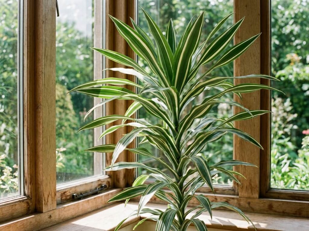 Dracaena aux feuilles rayées vert et crème disposé près d'une fenêtre lumineuse en été, port élancé et graphique