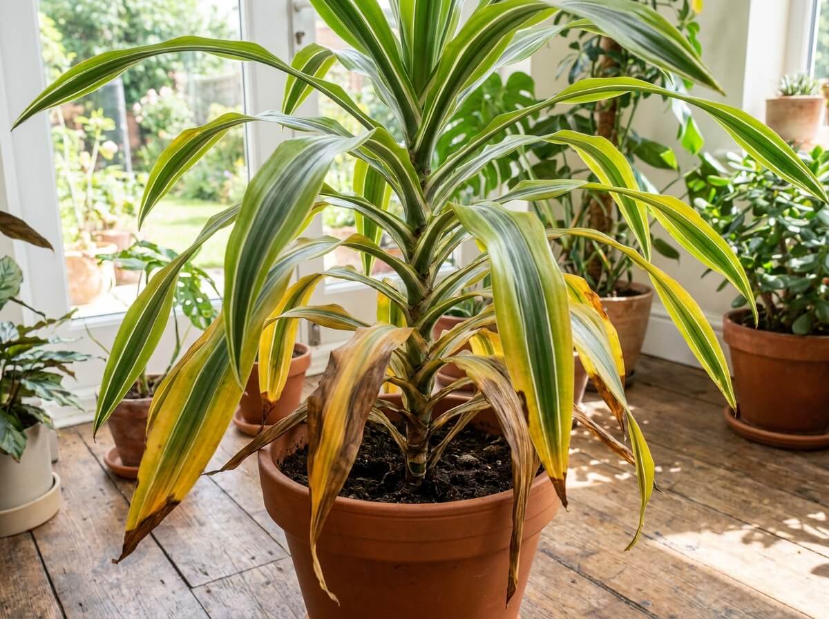 Feuilles inférieures d'un dracaena jaunissant à la base, signe courant en été à ne pas ignorer