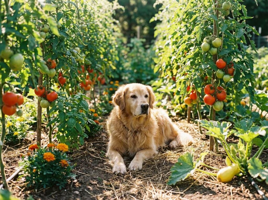 Chien golden retriever couché à l'ombre entre deux rangées de plants de tomates dans un potager ensoleillé
