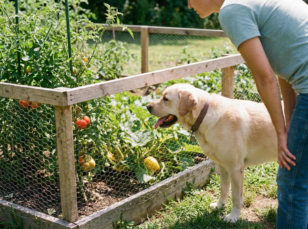 Propriétaire surveillant son chien qui renifle des plants de légumes dans un jardin potager en été