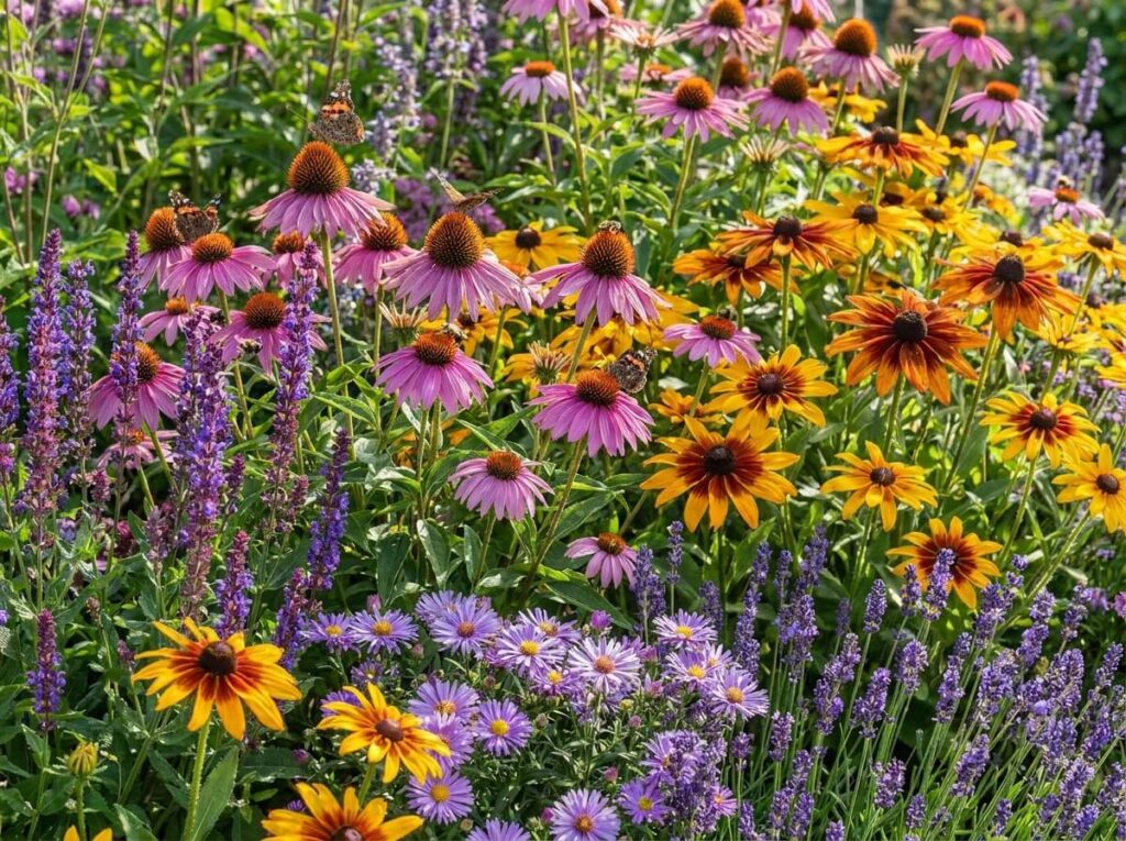 Massif de vivaces colorées couvertes de papillons et abeilles en plein été, jardin naturel fleuri aux couleurs éclatantes