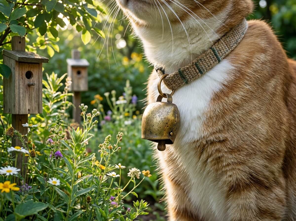 Clochette anti-chasse fixée au collier d'un chat de jardin