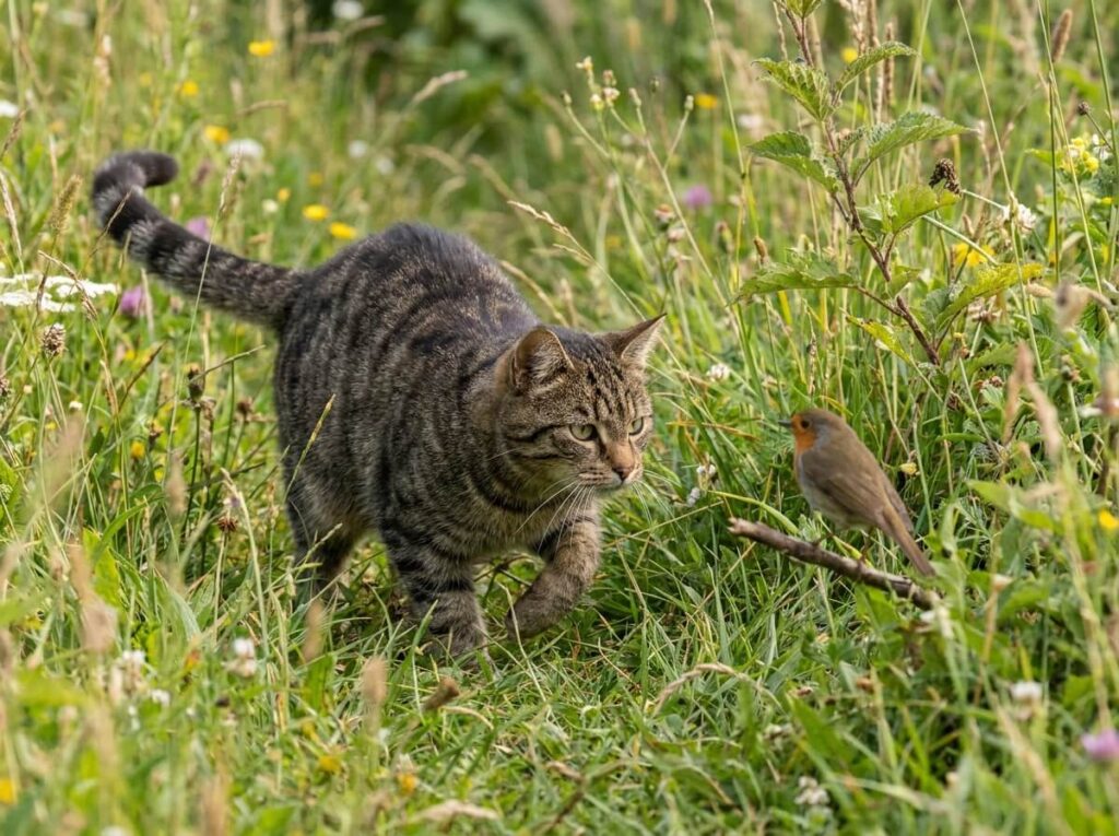 Chat tapi dans les herbes hautes du jardin en été prêt à chasser un oiseau