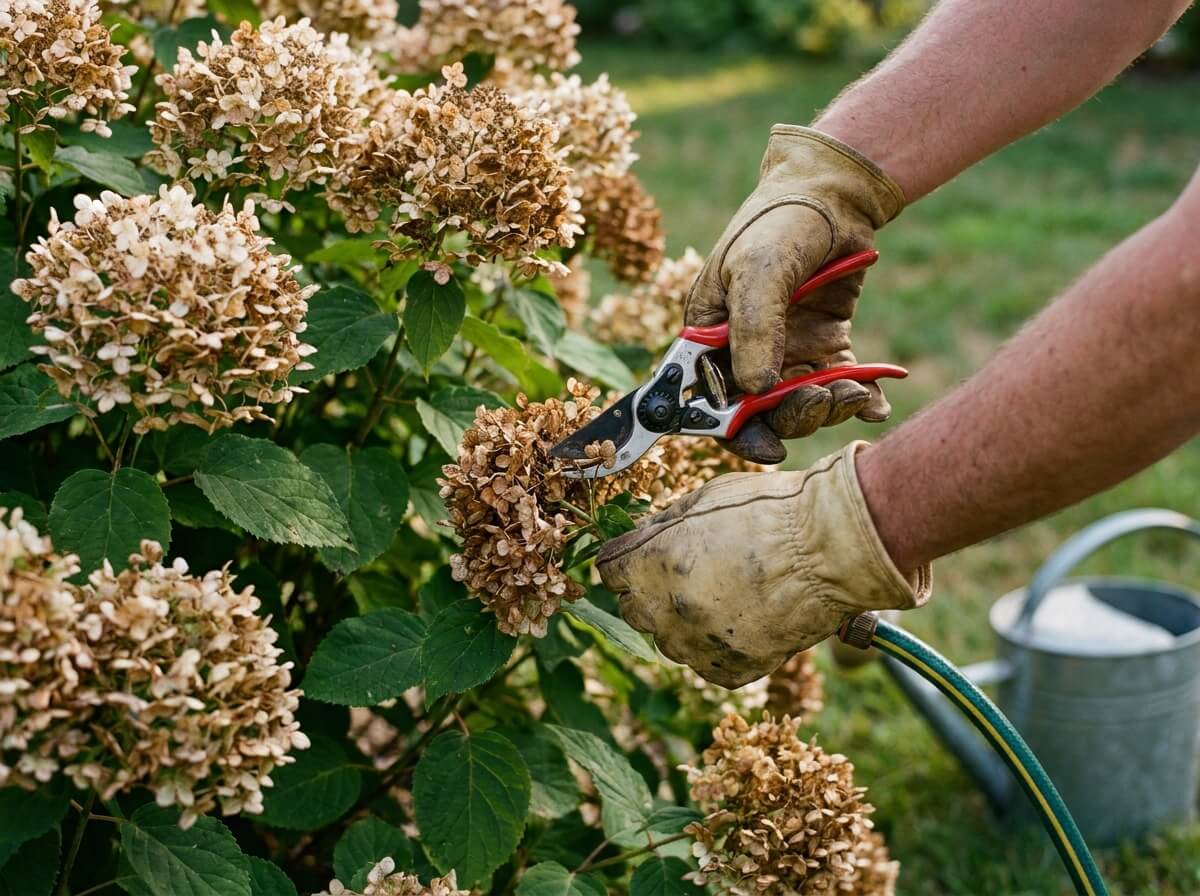 Mains coupant les fleurs fanées d'un hortensia avec un sécateur propre au jardin