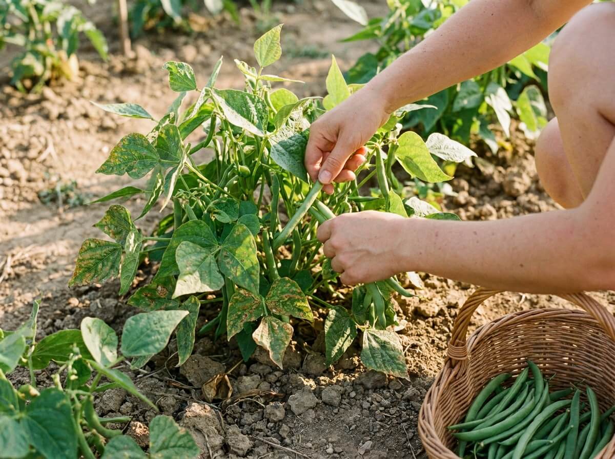 Mains récoltant des haricots verts bien formés sur un plant vigoureux au potager