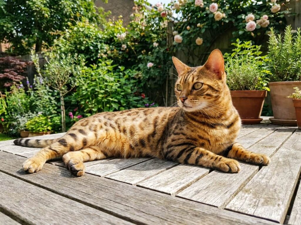 Chat Bengal adulte aux robes tachetées dorées allongé sur une terrasse en bois au soleil, regard vif et attentif