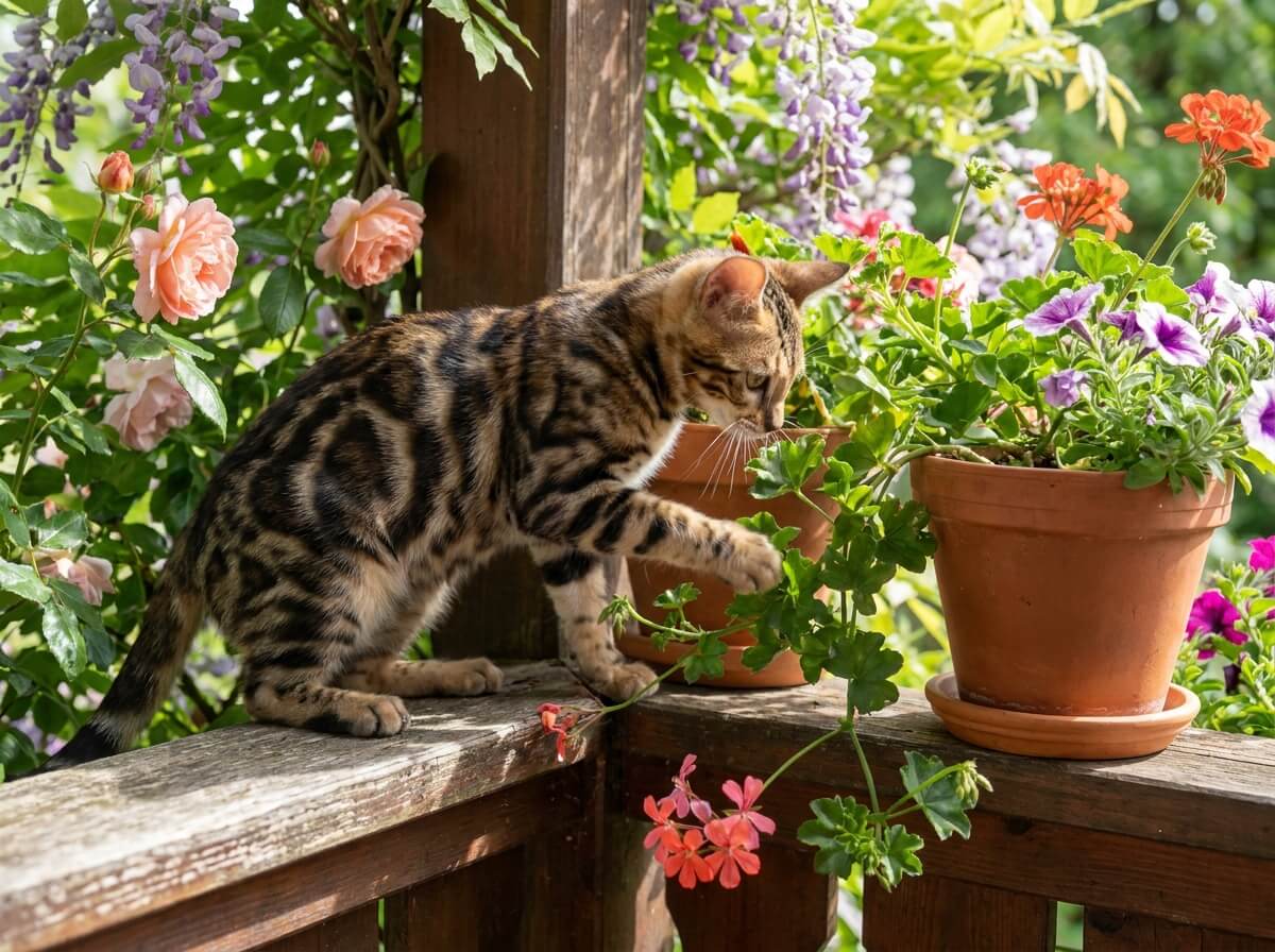 Chaton Bengal jouant avec une plante en pot sur un balcon fleuri, pelage marbré contrasté