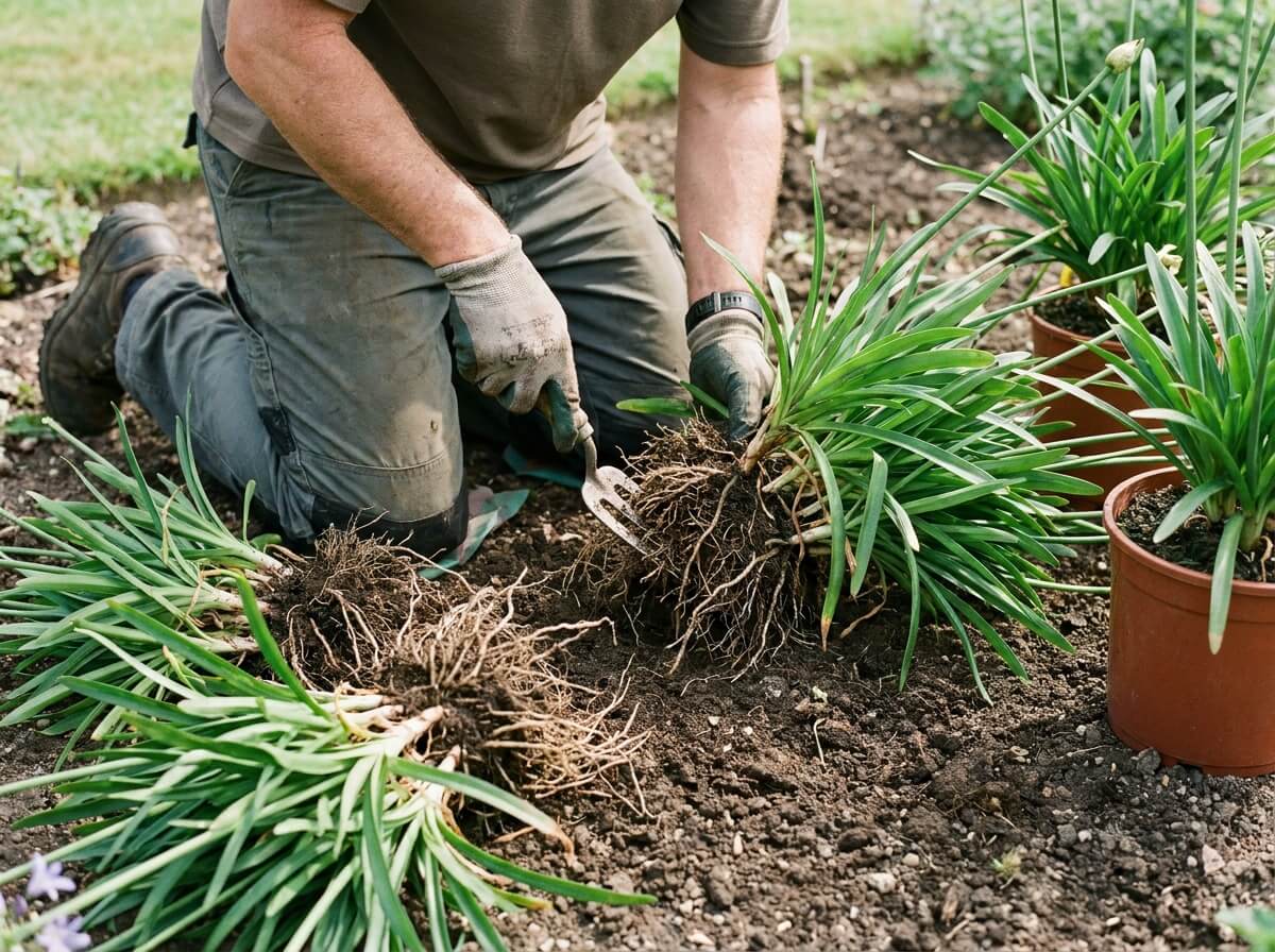 Jardinier divisant une touffe d'agapanthe trop dense avec une fourche à main dans un jardin