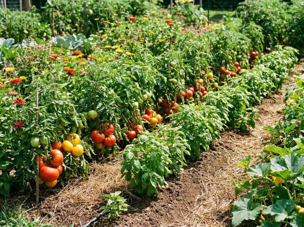 Rangées de légumes associés au potager en été, tomates et basilic côte à côte sous le soleil, jardin luxuriant et coloré