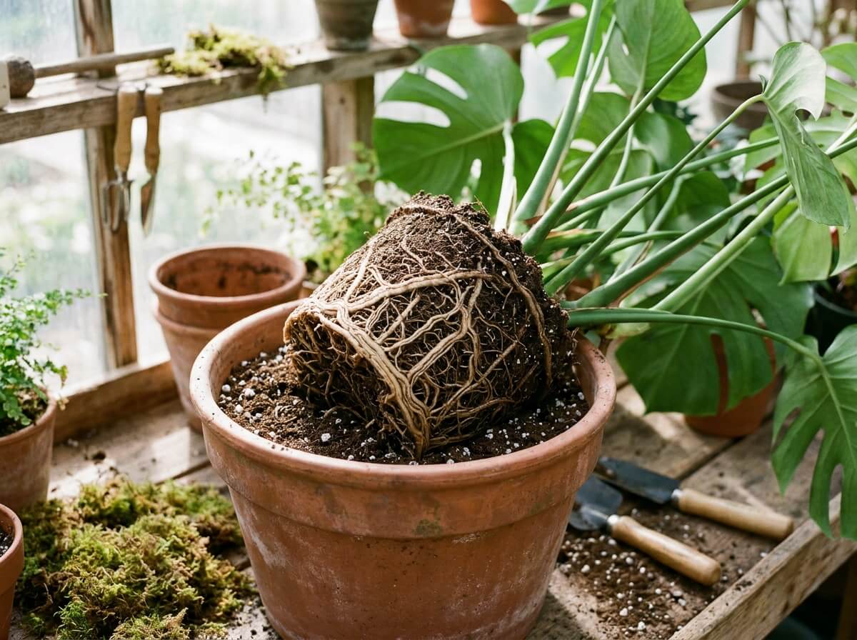 Pot en terre cuite avec substrat frais et racines bien développées d'une plante tropicale d'appartement