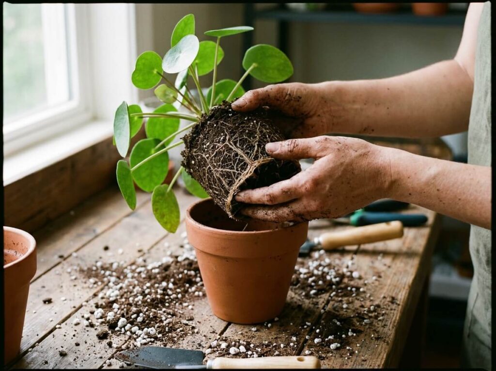 Mains de jardinier sortant délicatement une plante d'intérieur de son pot pour la rempoter sur une table en bois