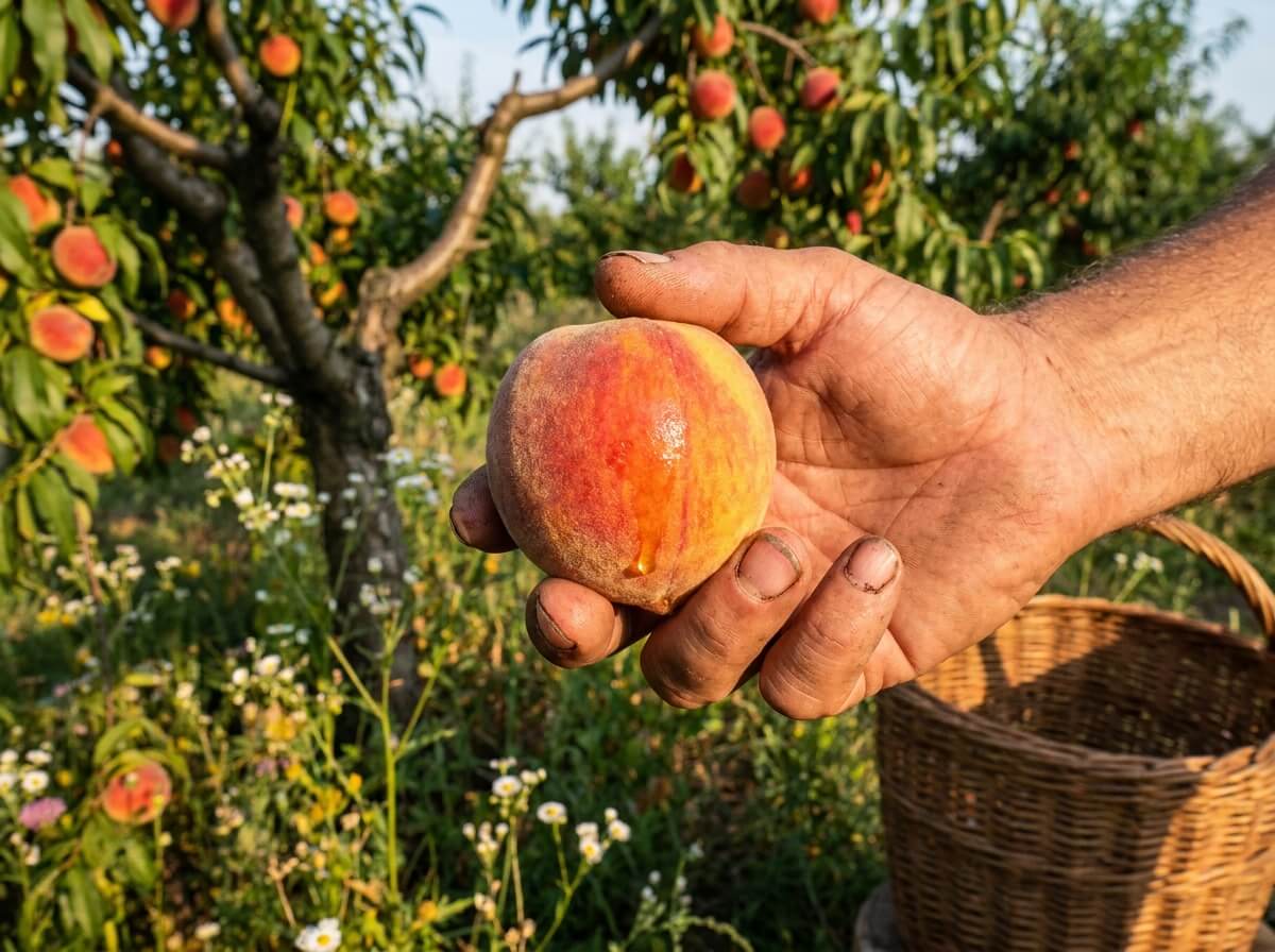 Main tenant une pêche juteuse et parfumée cueillie à la bonne maturité au jardin