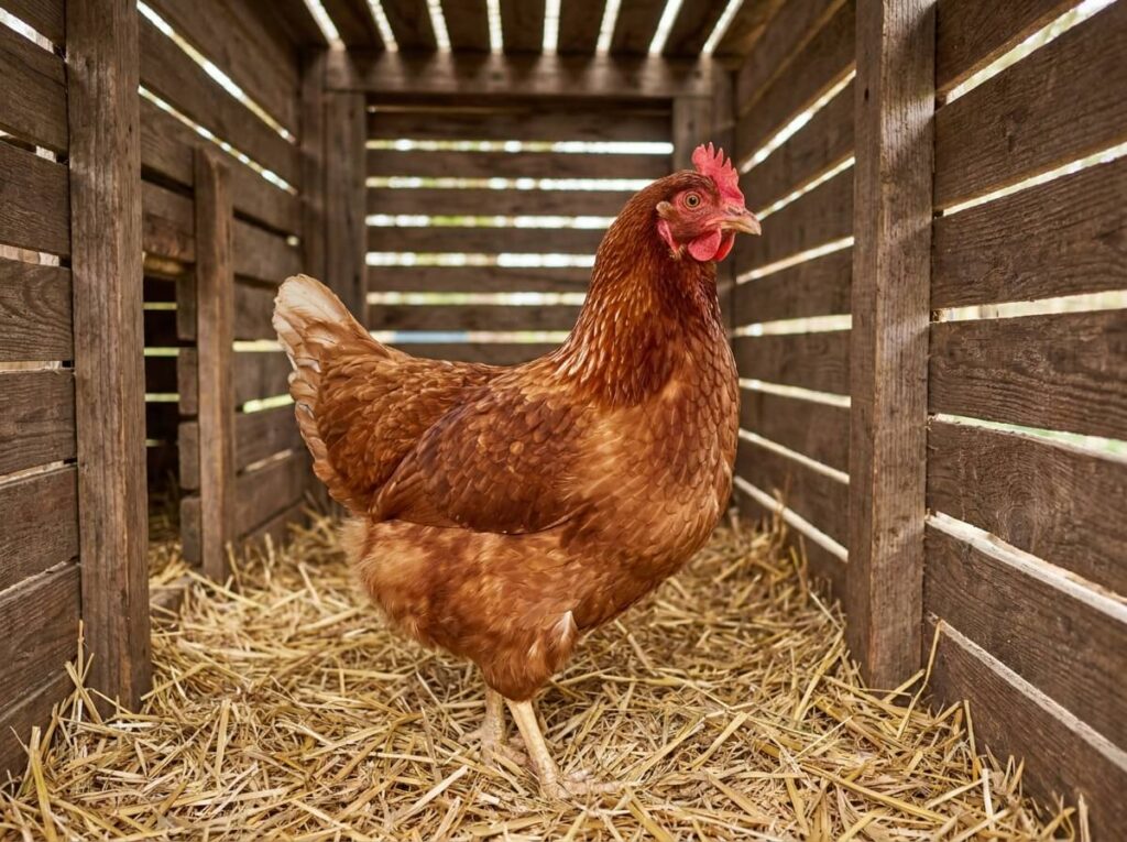 Poule rousse dans un poulailler en bois, litière propre et lumière naturelle filtrée par les lattes