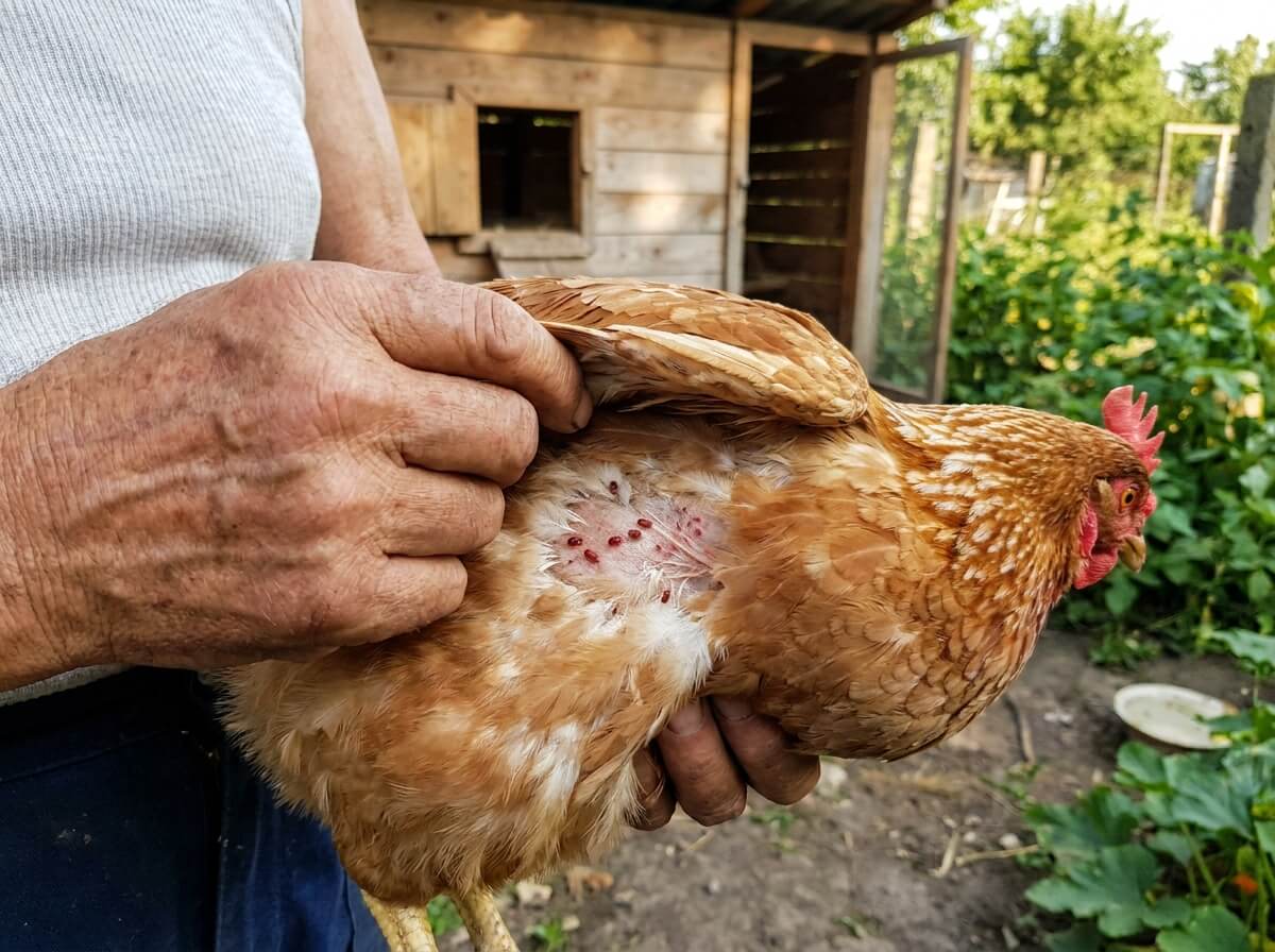 Main d'éleveur inspectant les plumes d'une poule sous le ventre pour détecter des parasites