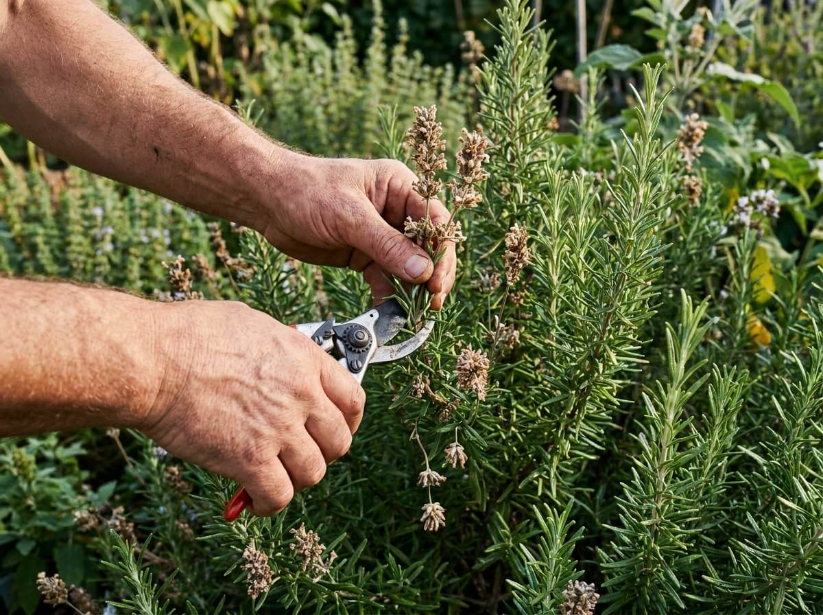 Mains coupant les tiges fleuries du romarin avec un sécateur propre après floraison estivale