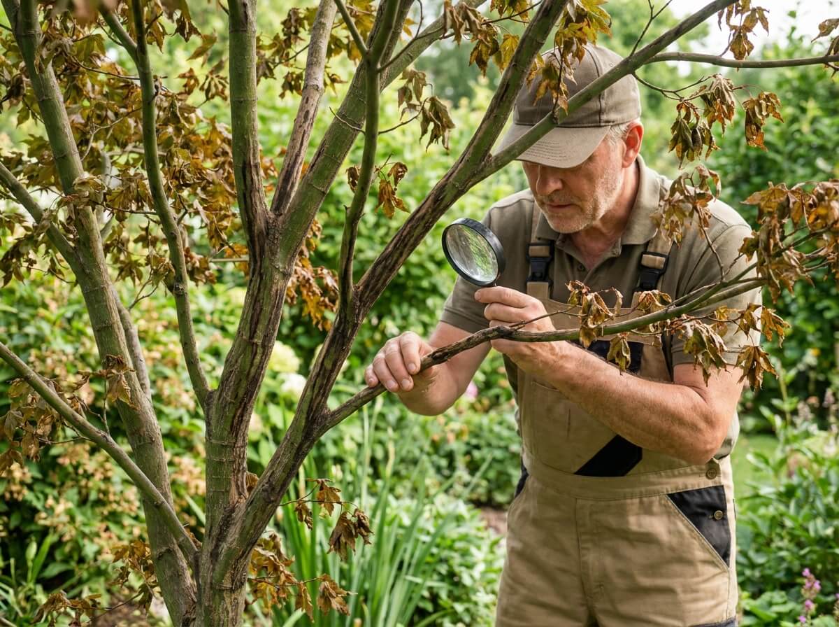 Jardinier inspectant les branches d'un érable en été pour détecter une maladie