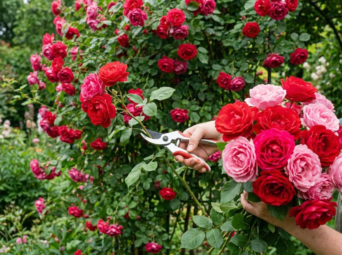 Bouquet de roses fraîches en pleine floraison rouge et rose, rosier remontant en arrière-plan dans un jardin fleuri
