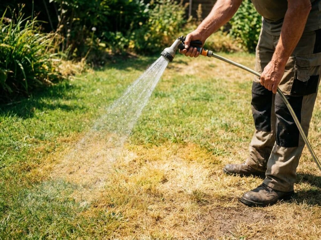 Jardinier arrosant une pelouse en plein soleil d'été avec des traces de brûlure sur le gazon