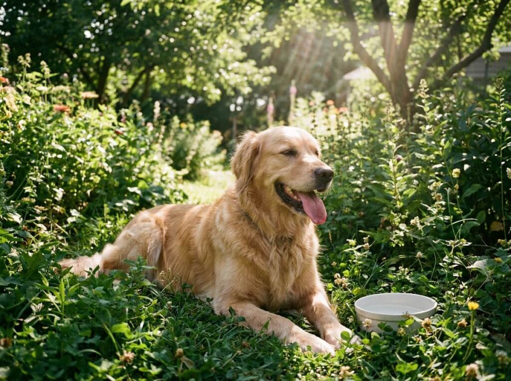 Chien golden retriever allongé à l'ombre dans un jardin verdoyant par temps chaud d'été