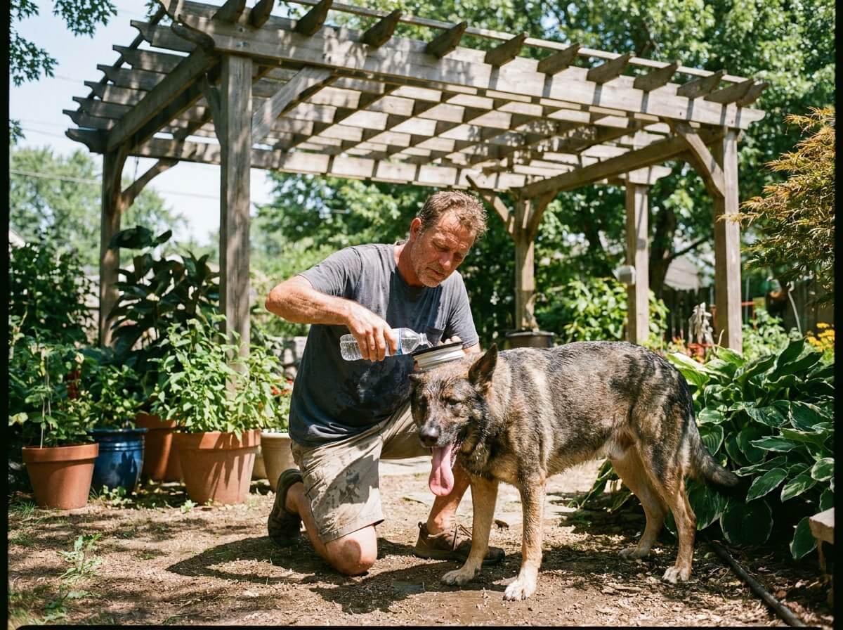 Maître donnant de l'eau fraîche à son chien sous une pergola en bois par journée ensoleillée