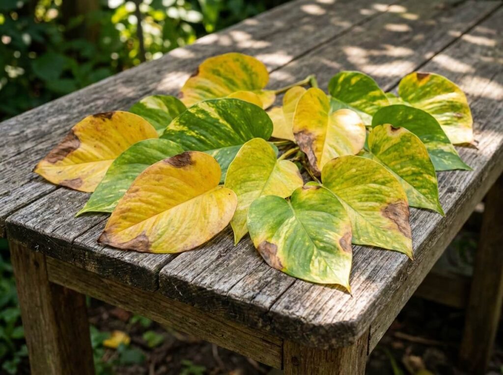 Feuilles de pothos dorées et vertes posées sur une table en bois, certaines présentant un jaunissement estival visible