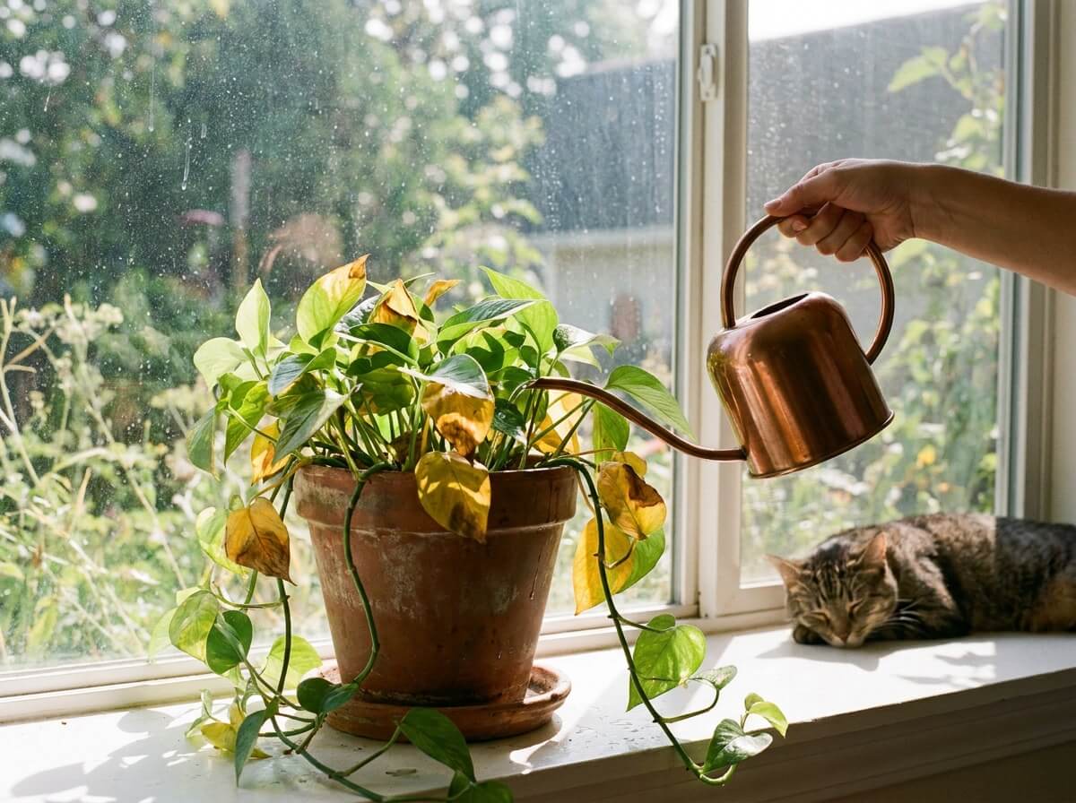 Main arrosant un pothos en pot sur un rebord de fenêtre ensoleillé en été