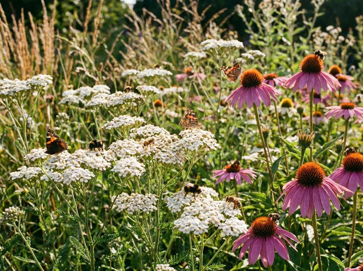 gros plan sur achillée millefeuille et échinacée en fleurs couvertes de bourdons en plein soleil