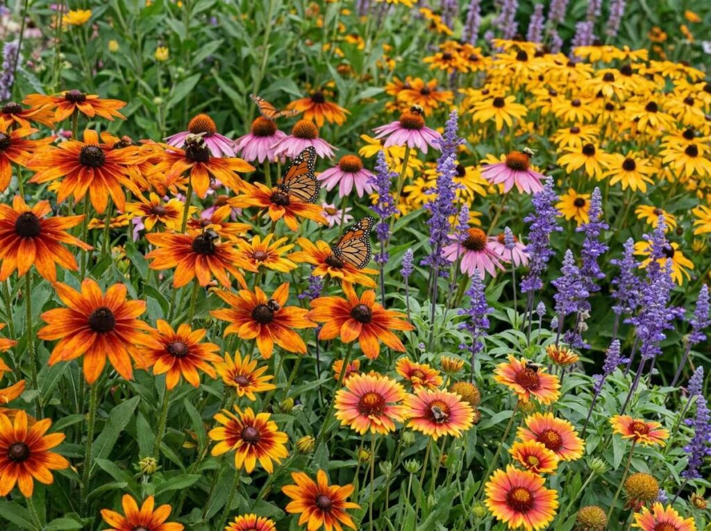 massif de vivaces rustiques en fleurs avec abeilles et papillons en été, couleurs vives orange jaune violet