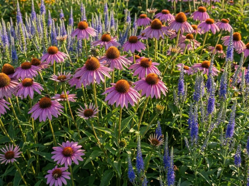 massif d'échinacées roses et véroniques bleues en pleine floraison estivale avec abeilles butinant