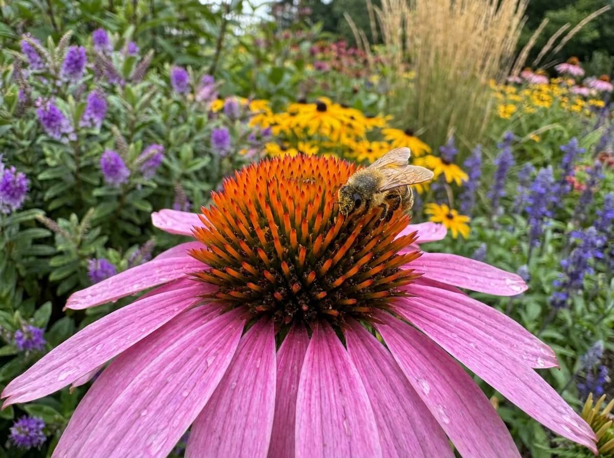 gros plan sur une fleur d'échinacée pourpre avec une abeille posée au centre du capitule