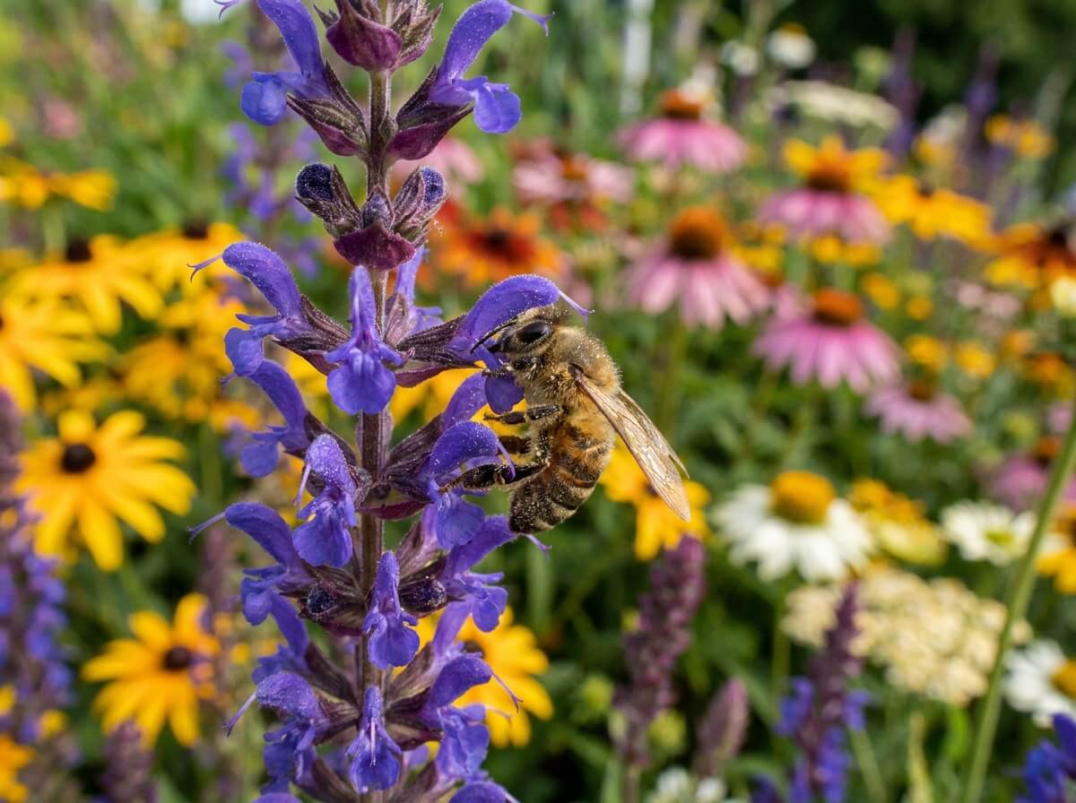 gros plan sur fleurs tubulaires de salvia nemorosa avec abeille posée sur l'épi