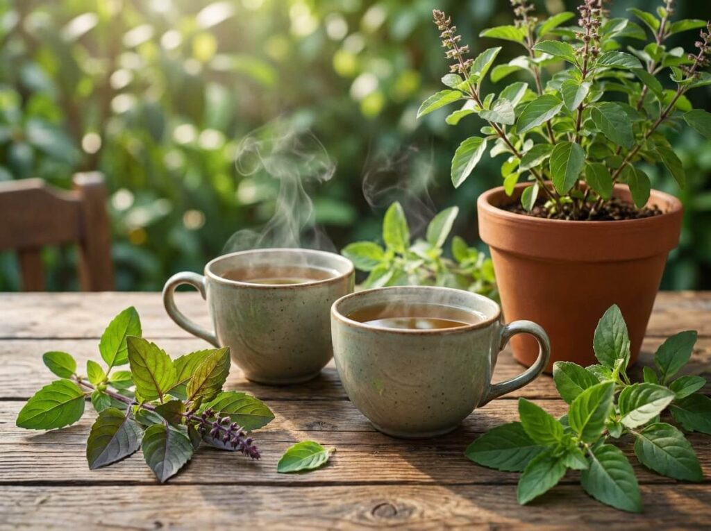 Tasses de tisane au basilic sacré tulsi sur une table en bois avec des feuilles fraîches vertes et violettes