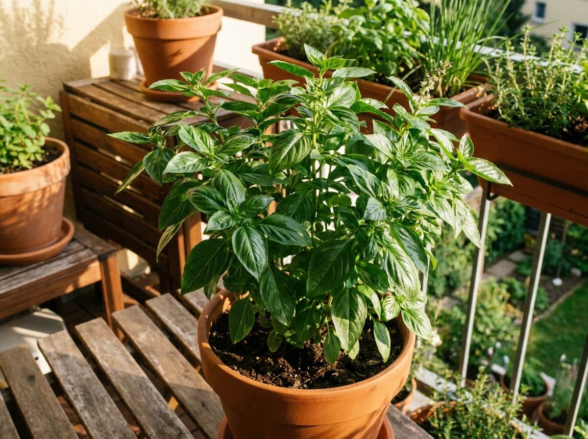 Plantation de basilic sacré tulsi en pot sur un balcon ensoleillé en été, feuilles aromatiques brillantes