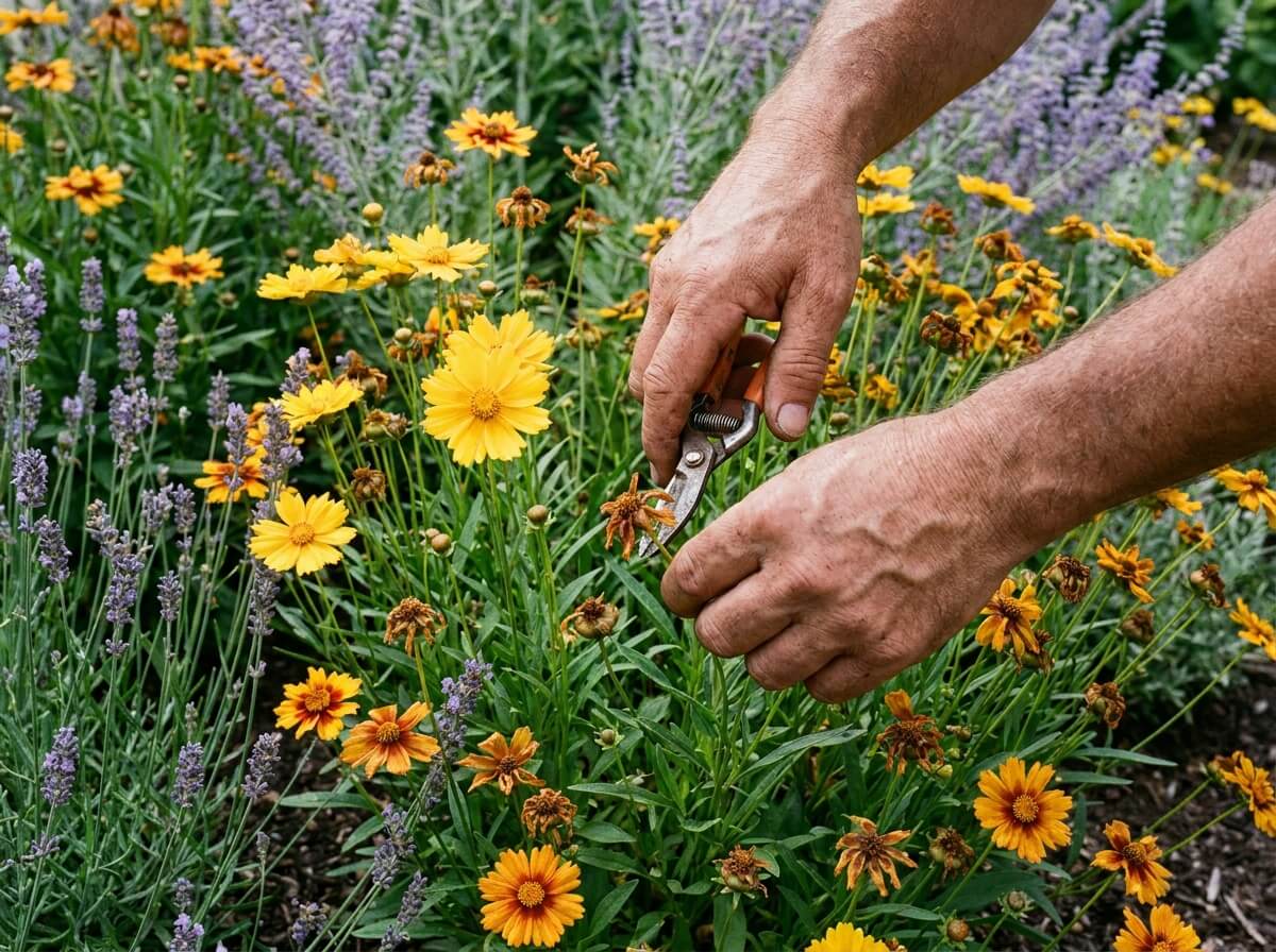Mains de jardinier supprimant les fleurs fanées de coreopsis pour relancer la floraison
