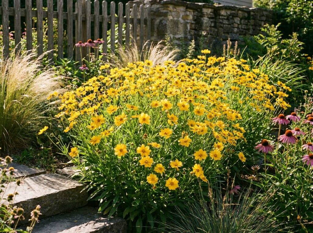 Massif de coreopsis jaunes en pleine floraison estivale dans un jardin ensoleillé