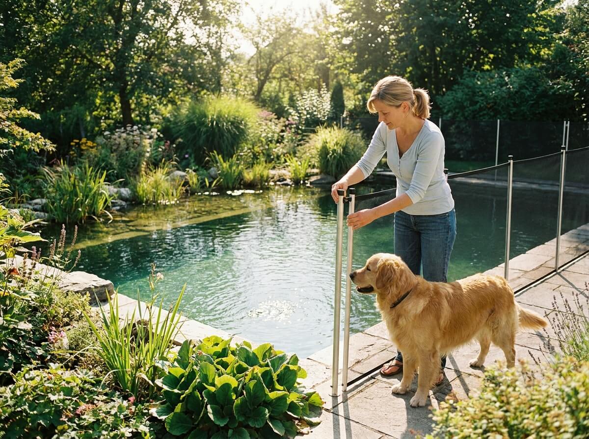 Propriétaire installant une barrière de protection autour d'une piscine dans un jardin ensoleillé avec son chien