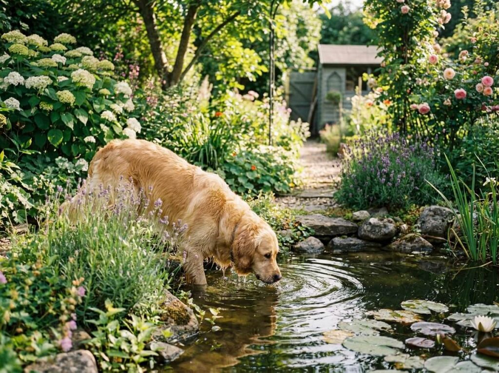 Chien golden retriever buvant dans un bassin de jardin entouré de végétation verte et fleurie en été