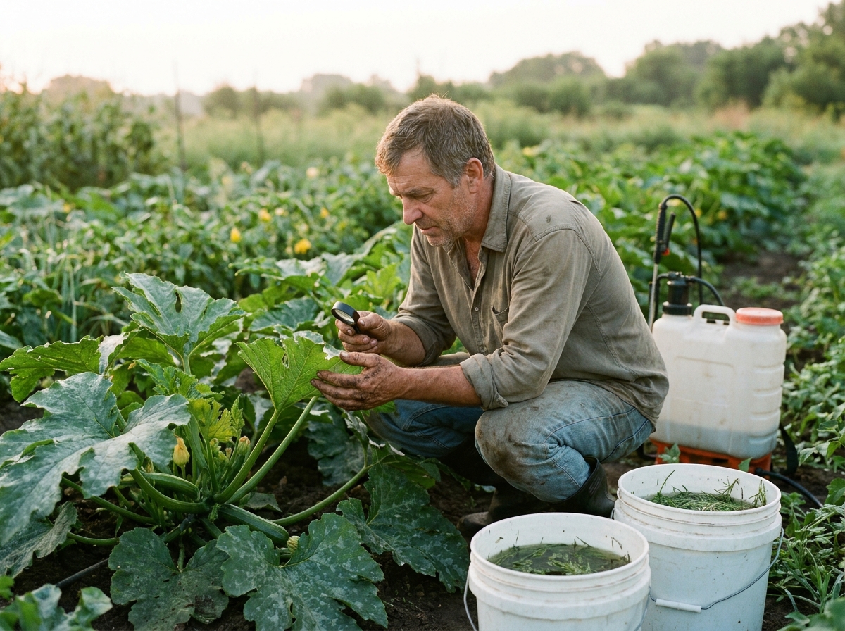 Jardinier inspectant le dessous des feuilles de courge tôt le matin au potager