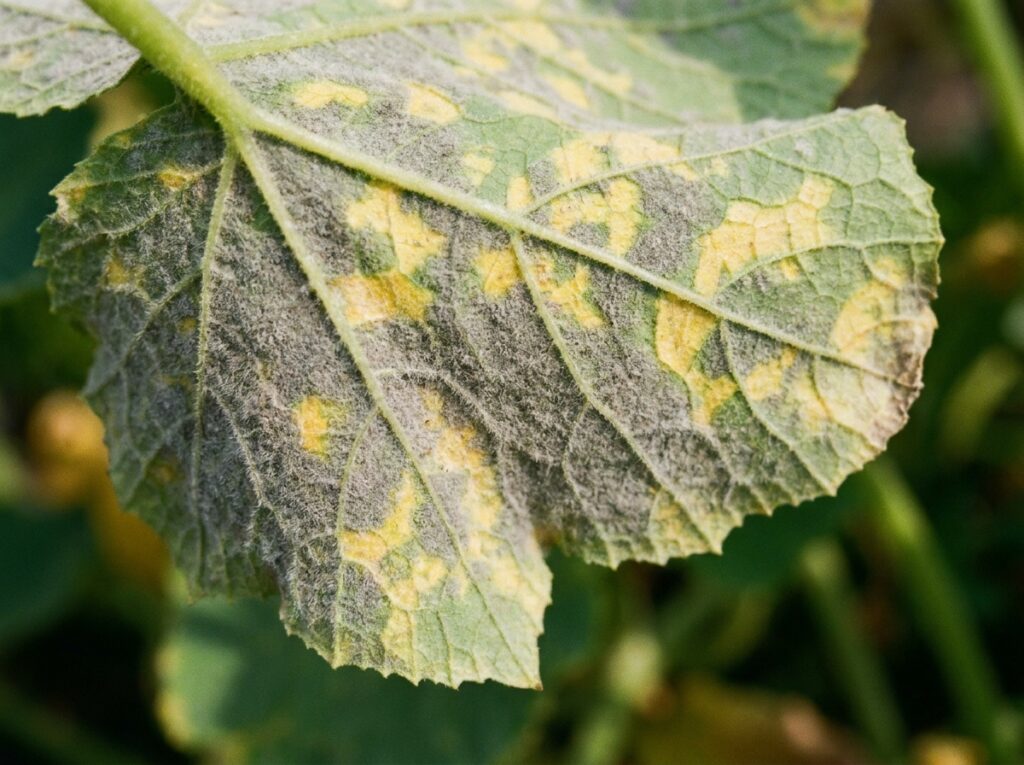 Feuille de courge avec taches jaunes et duvet gris sous la feuille, signe de mildiou