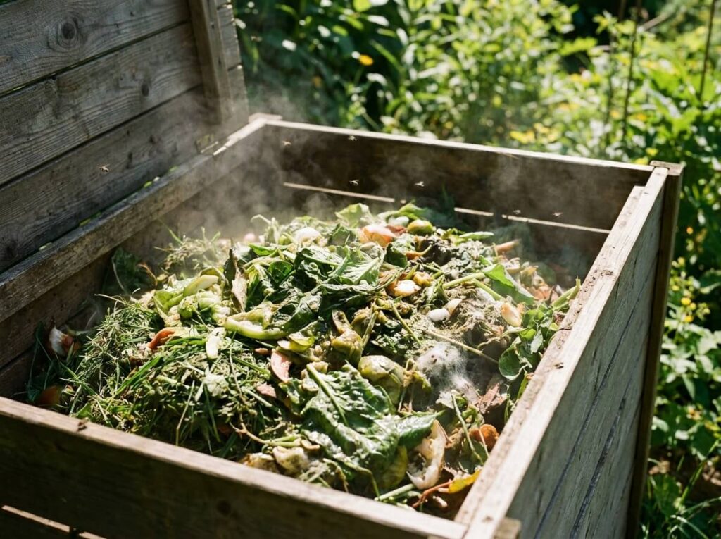 Composteur ouvert avec déchets verts compactés et humides dégageant une odeur en plein été