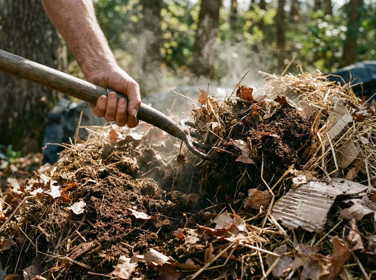 Mains mélangeant du compost avec une fourche pour l'aérer et relancer la décomposition