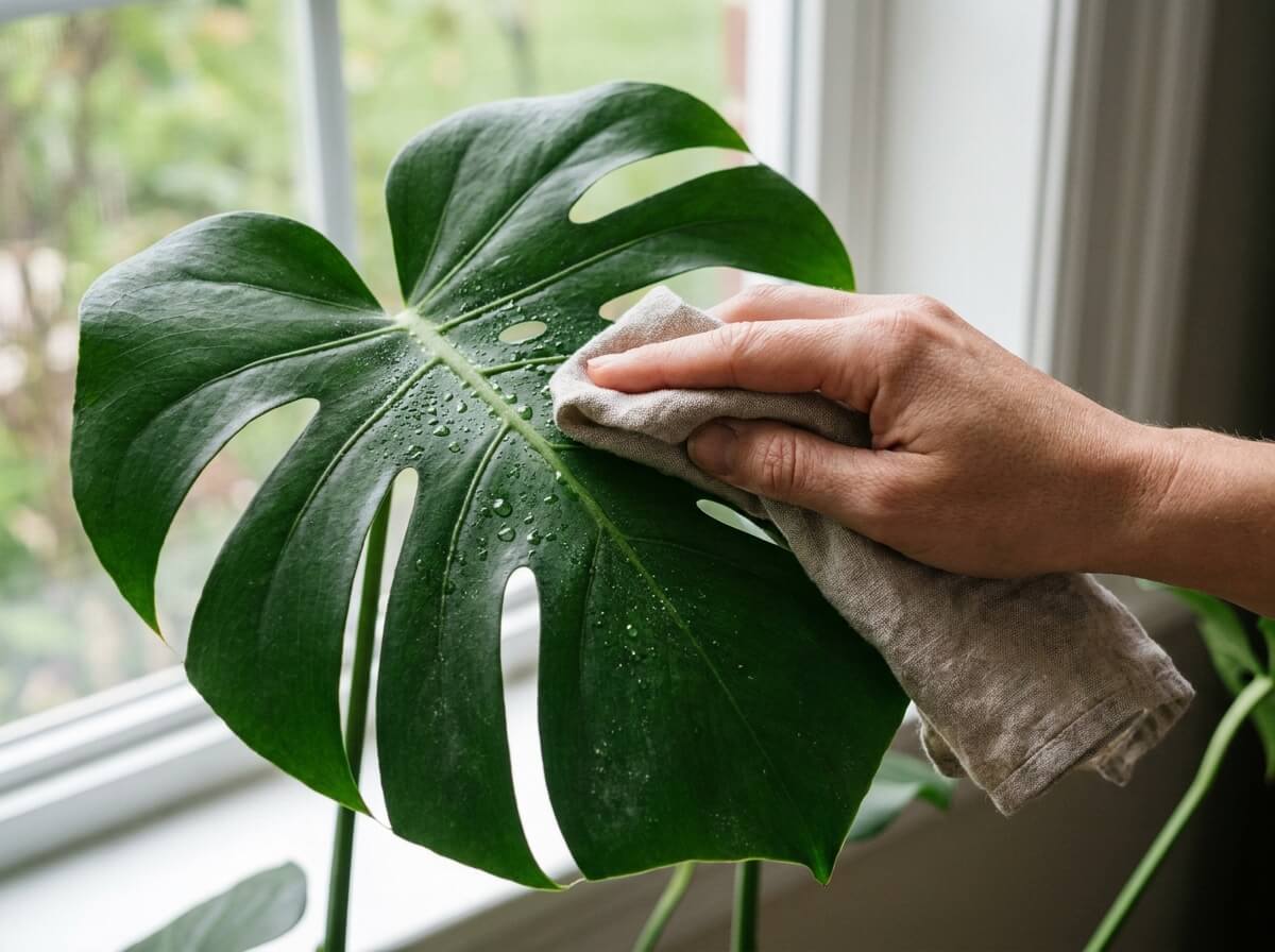 Main essuyant une feuille de monstera avec un chiffon humide près d'une fenêtre