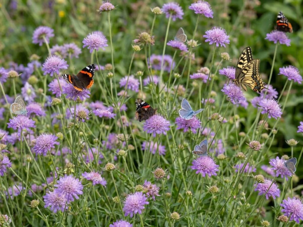 Papillons posés sur des fleurs mauves de scabieuse des champs en pleine floraison estivale