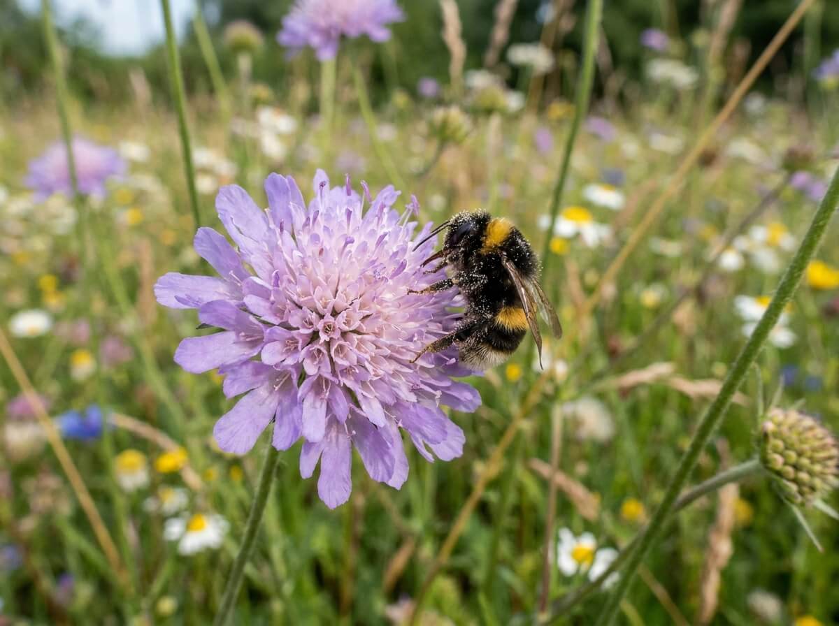 Gros plan d'une fleur lilas de scabieuse des champs butinée par une abeille